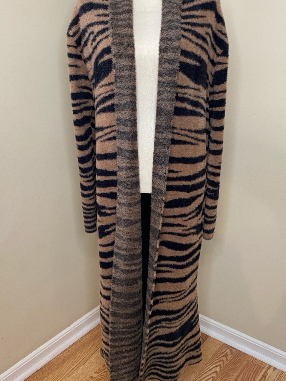 Long Open-Front Zebra Stripe Cardigan Sweater - Brown/Black